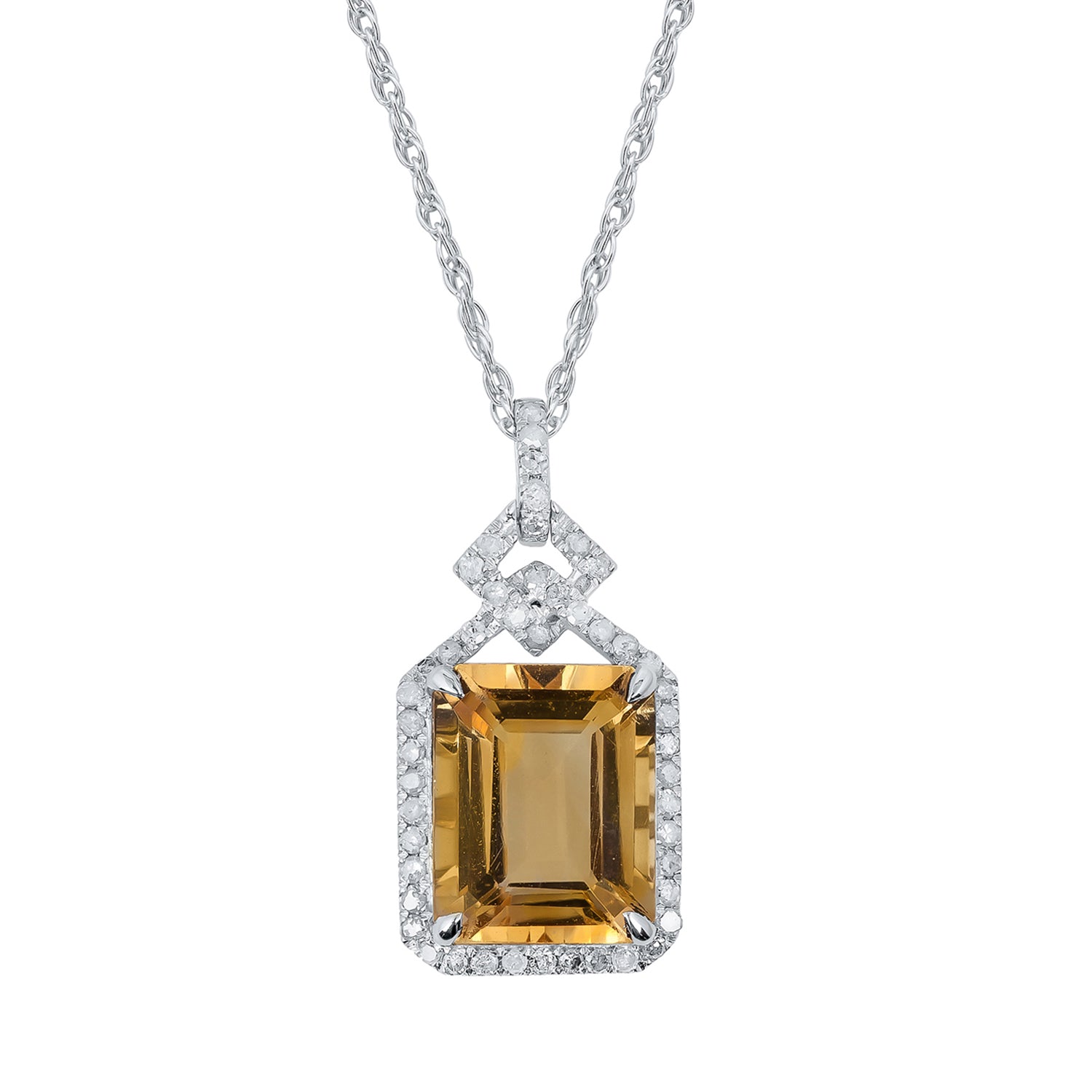 10k White Gold Emerald cut Citrine and Diamond Halo Necklace