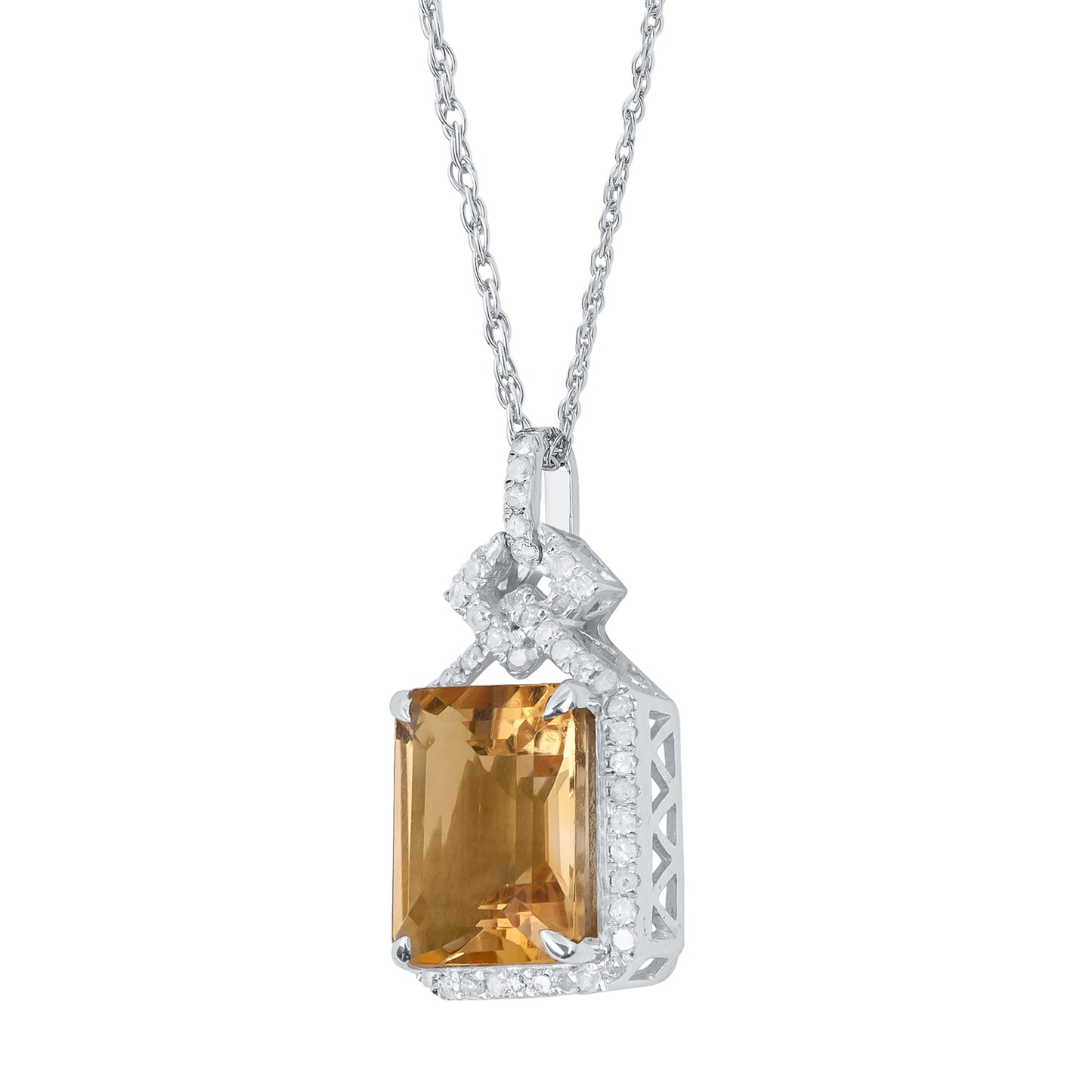 10k White Gold Emerald cut Citrine and Diamond Halo Necklace