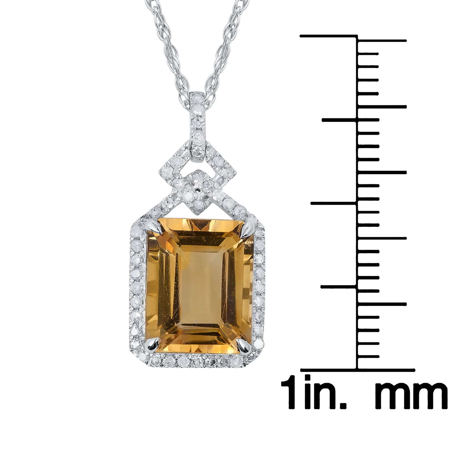 10k White Gold Emerald cut Citrine and Diamond Halo Necklace