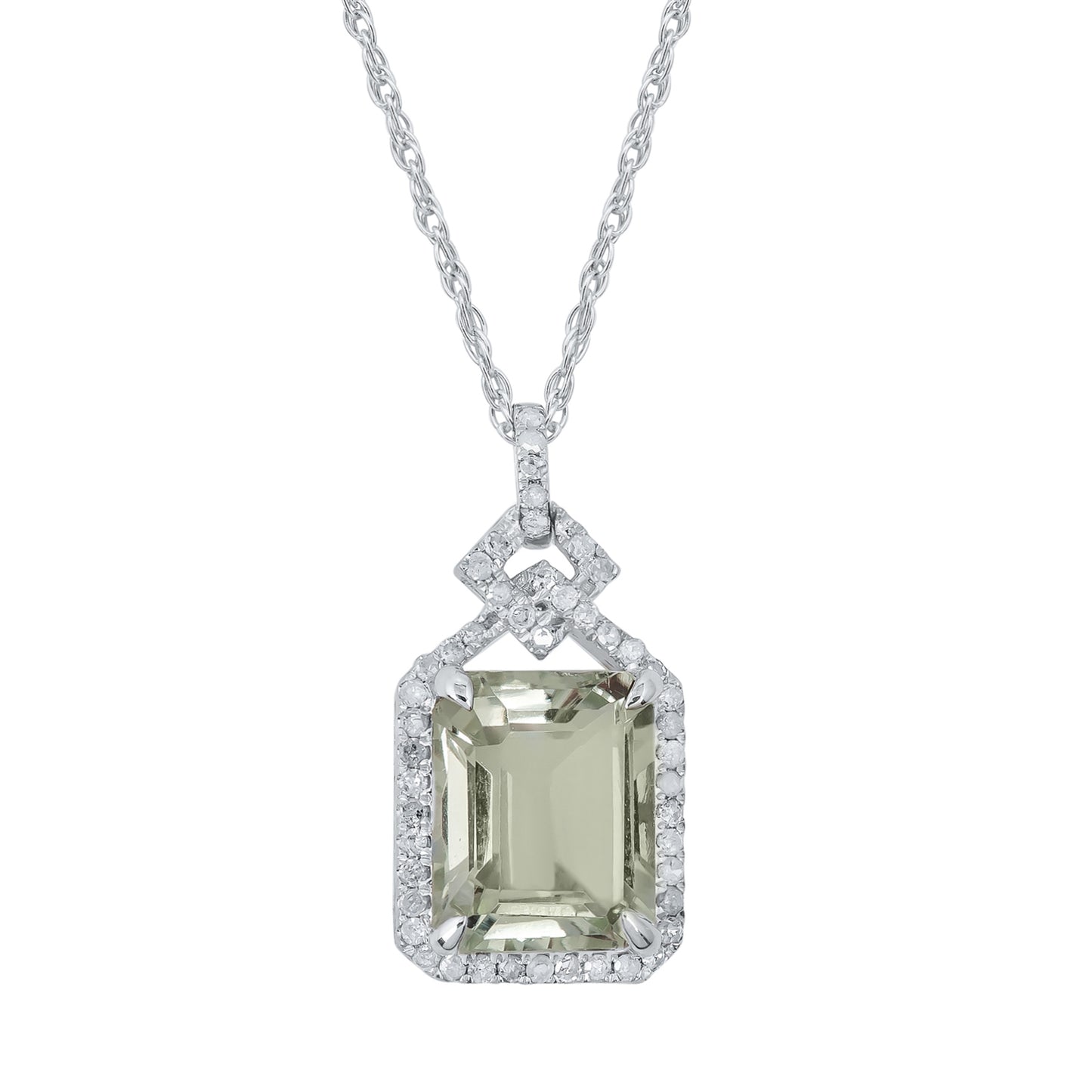 10k White Gold Emerald cut Green Amethyst and Diamond Halo Necklace