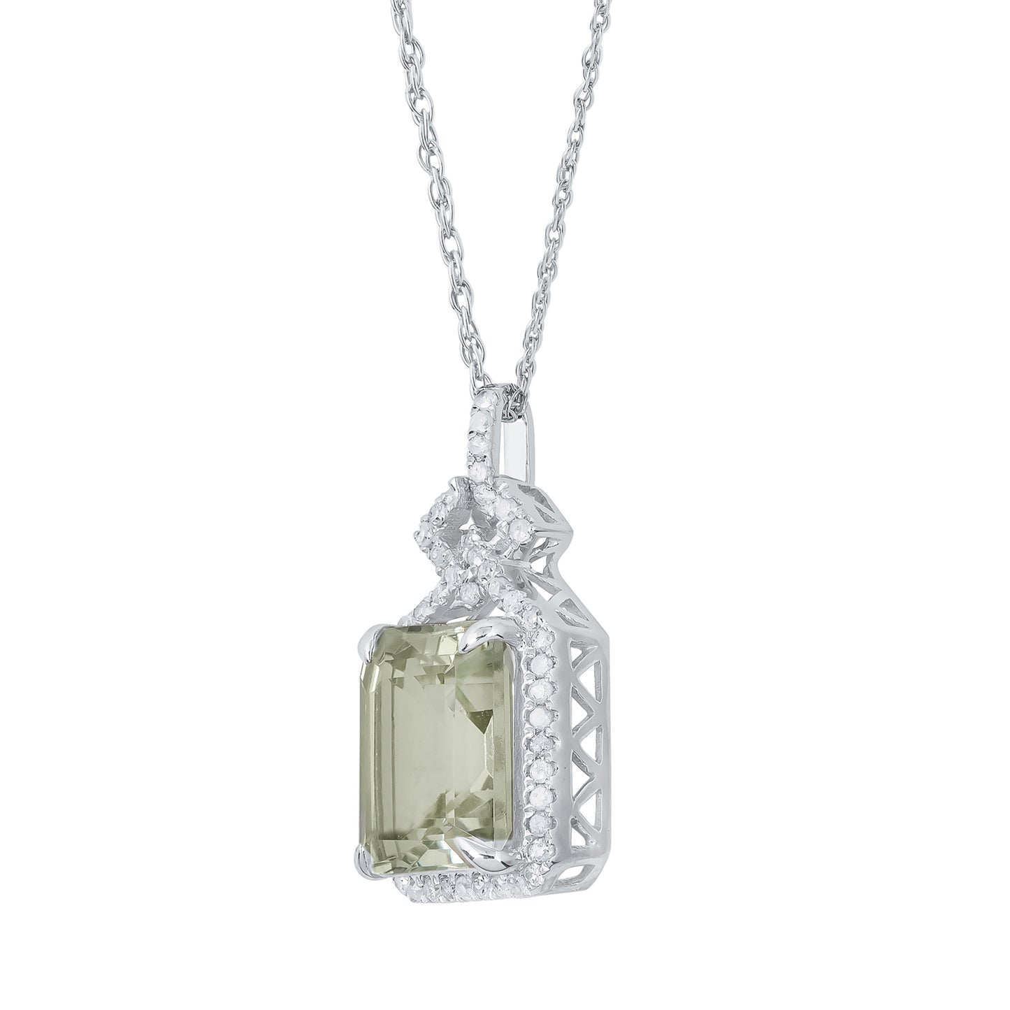 10k White Gold Emerald cut Green Amethyst and Diamond Halo Necklace