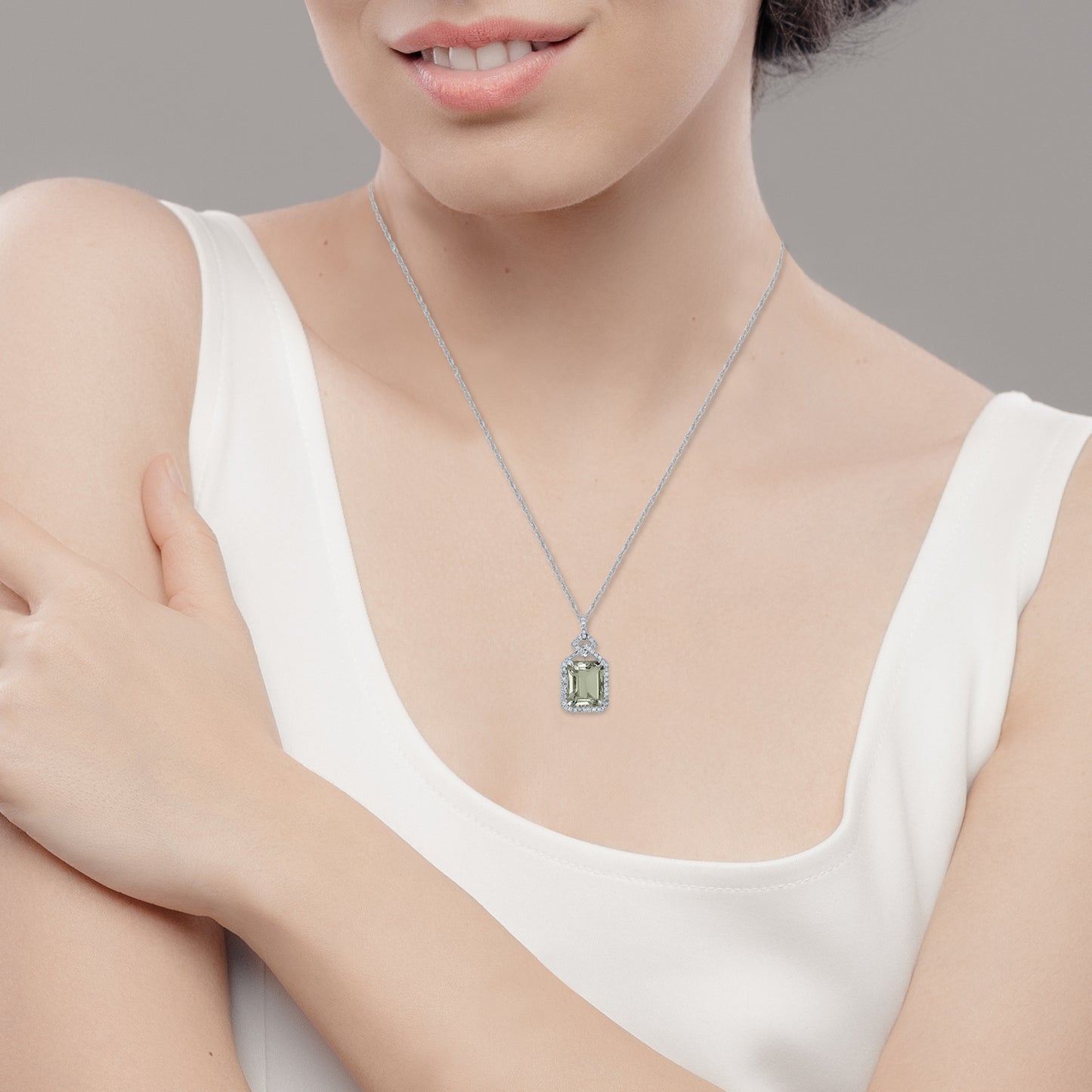 10k White Gold Emerald cut Green Amethyst and Diamond Halo Necklace