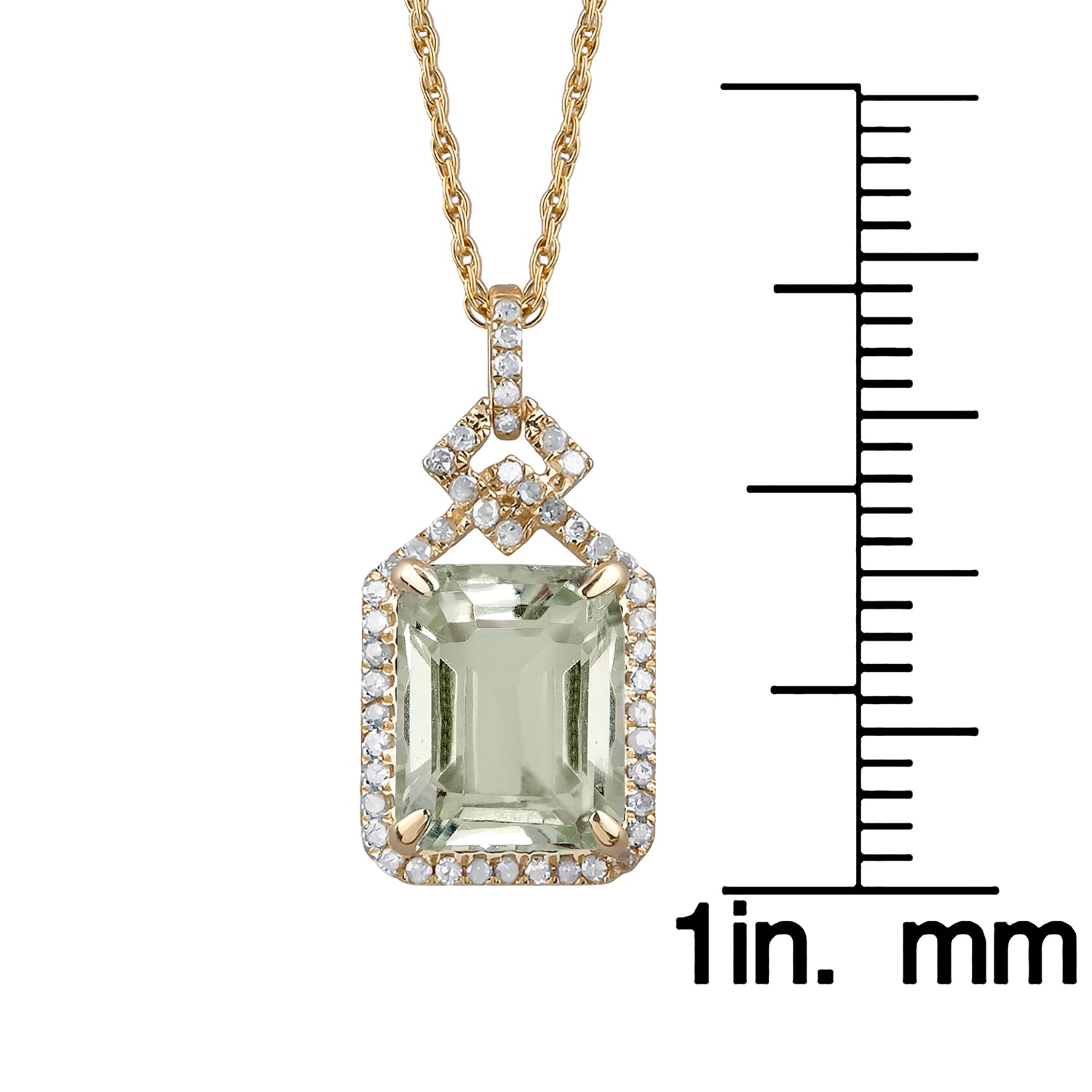 10k Yellow Gold Emerald cut Green Amethyst and Diamond Halo Necklace