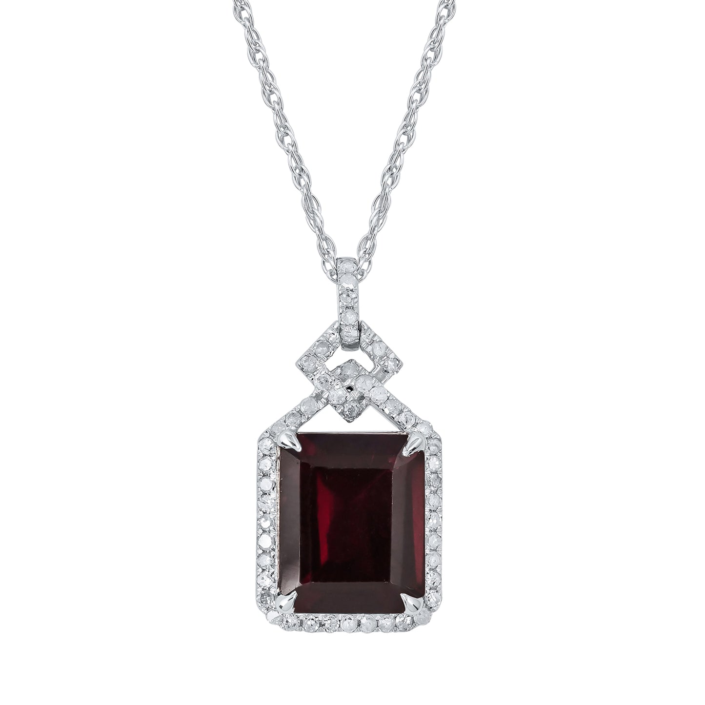 10k White Gold Emerald cut Garnet and Diamond Halo Necklace