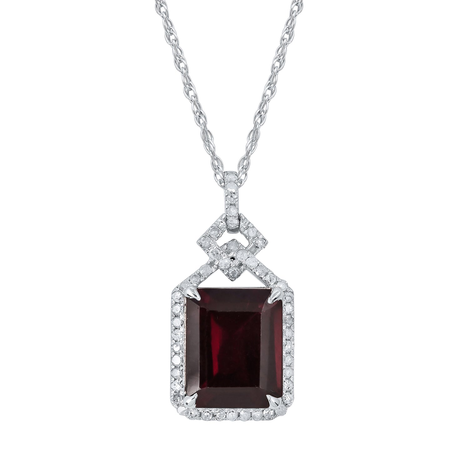 10k White Gold Emerald cut Garnet and Diamond Halo Necklace