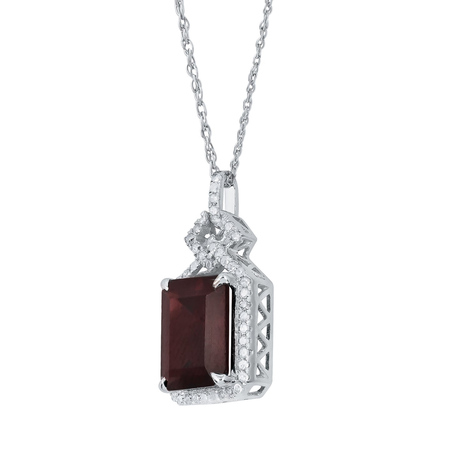 10k White Gold Emerald cut Garnet and Diamond Halo Necklace