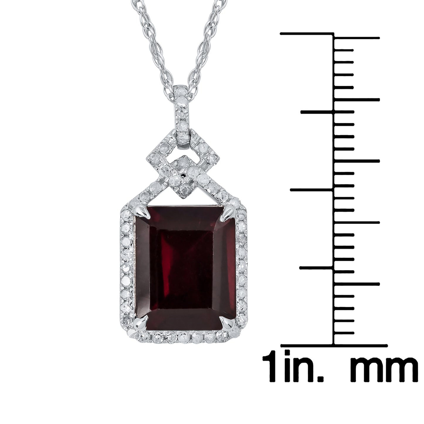 10k White Gold Emerald cut Garnet and Diamond Halo Necklace