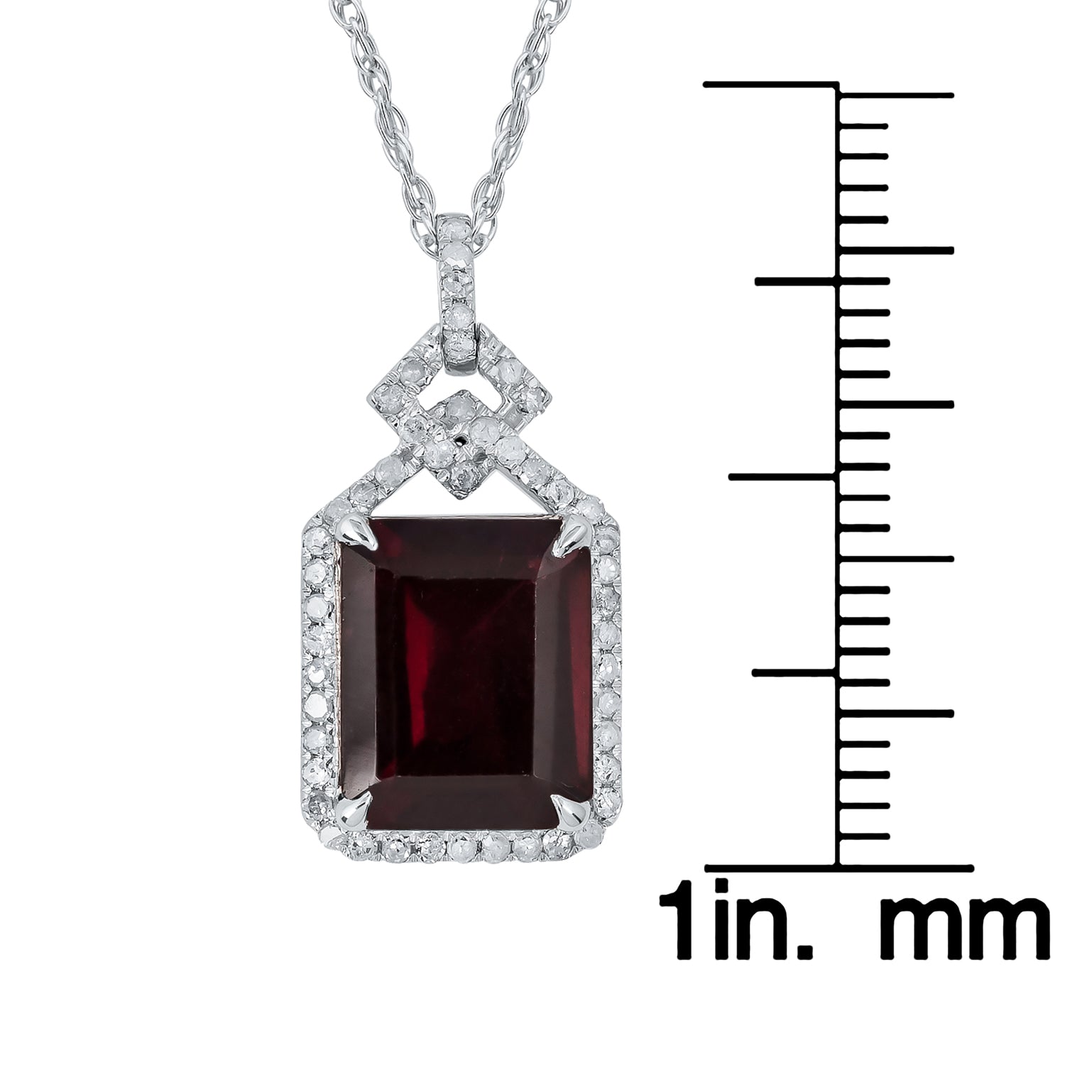 10k White Gold Emerald cut Garnet and Diamond Halo Necklace