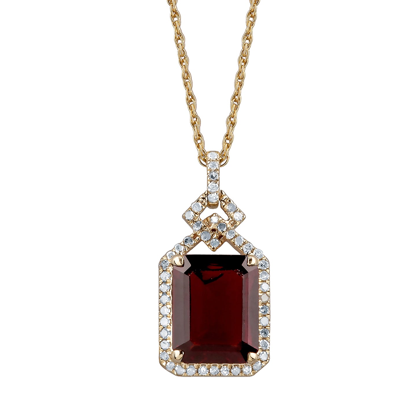 10k Yellow Gold Emerald cut Garnet and Diamond Halo Necklace