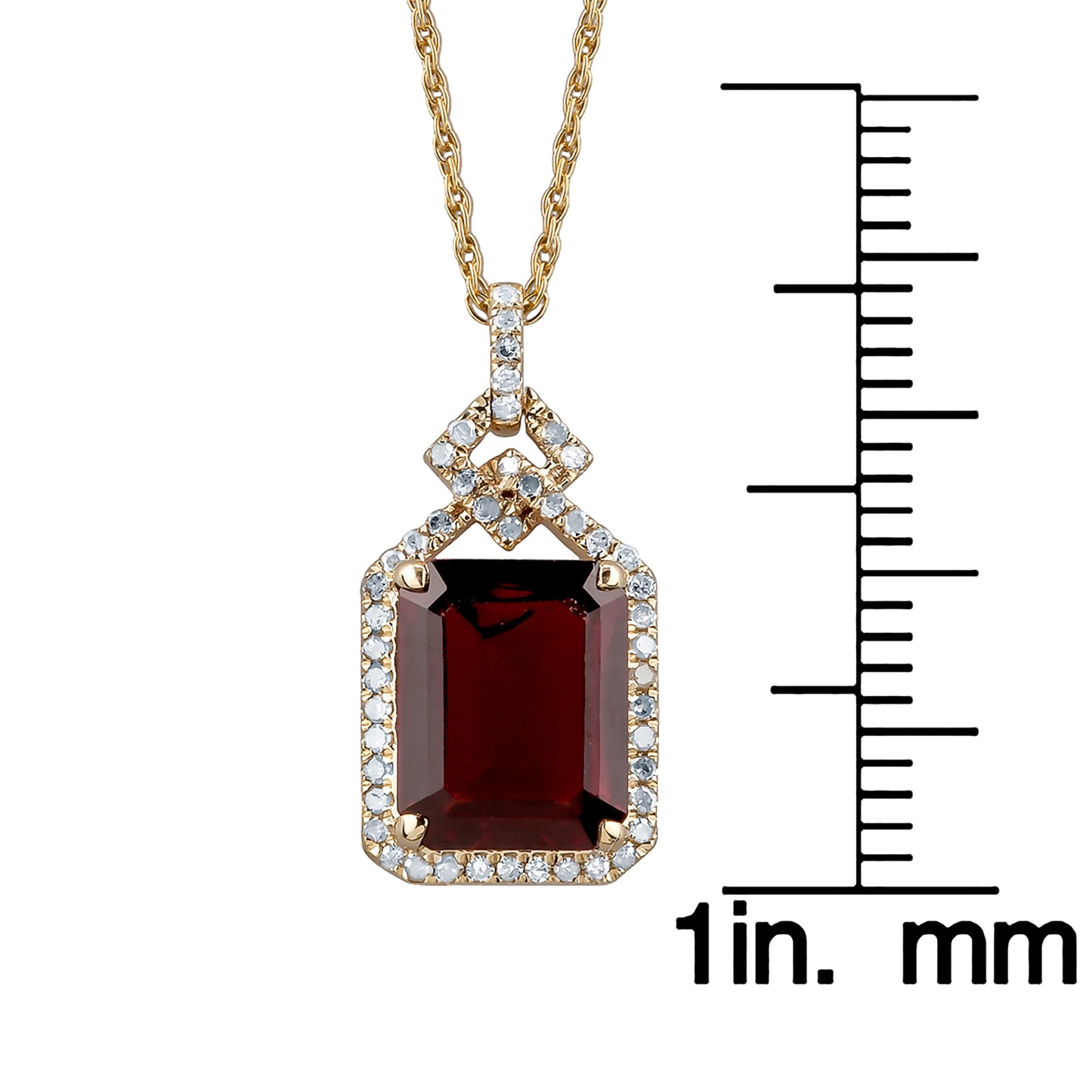 10k Yellow Gold Emerald cut Garnet and Diamond Halo Necklace