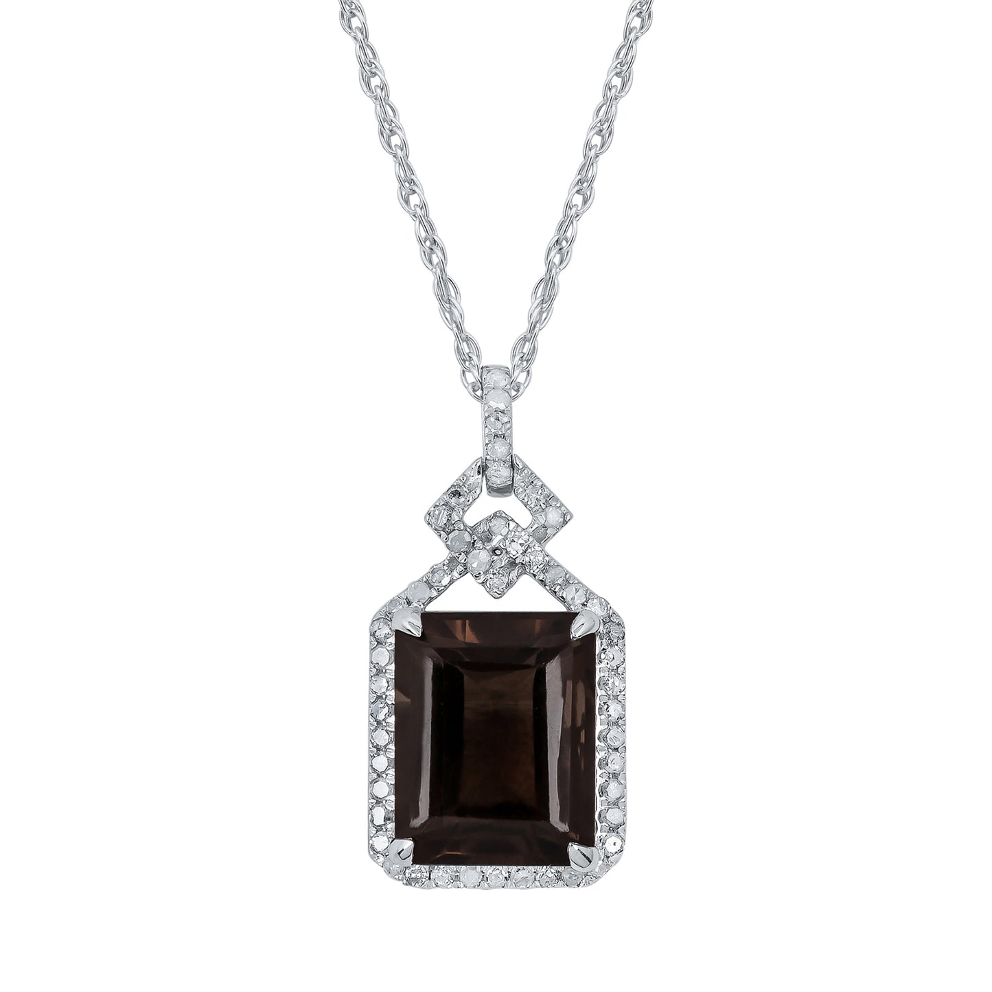 10k White Gold Emerald cut Smoky Quartz and Diamond Halo Necklace