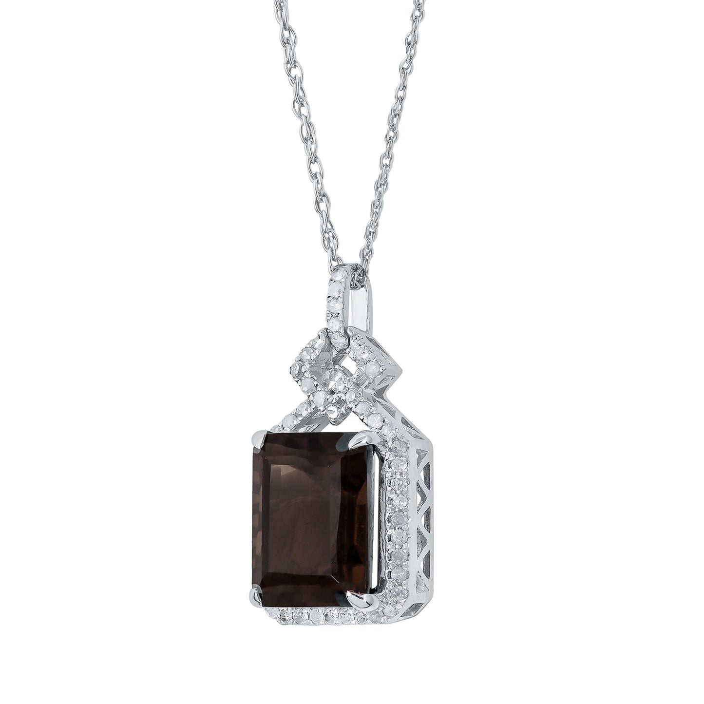 10k White Gold Emerald cut Smoky Quartz and Diamond Halo Necklace