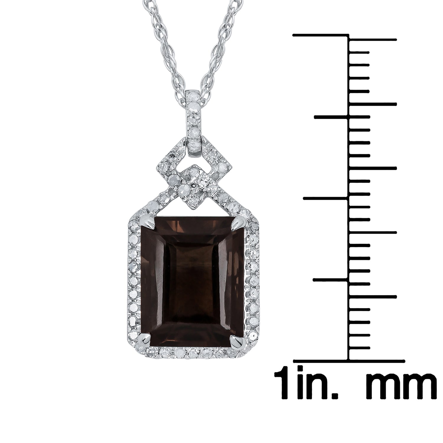 10k White Gold Emerald cut Smoky Quartz and Diamond Halo Necklace