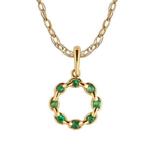 10k Yellow Gold Genuine Round Emerald Circle Pendant Necklace