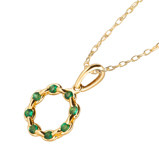 10k Yellow Gold Genuine Round Emerald Circle Pendant Necklace