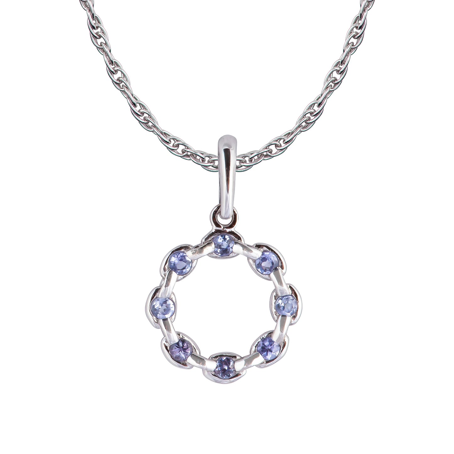 10k White Gold Genuine Round Tanzanite Circle Pendant Necklace