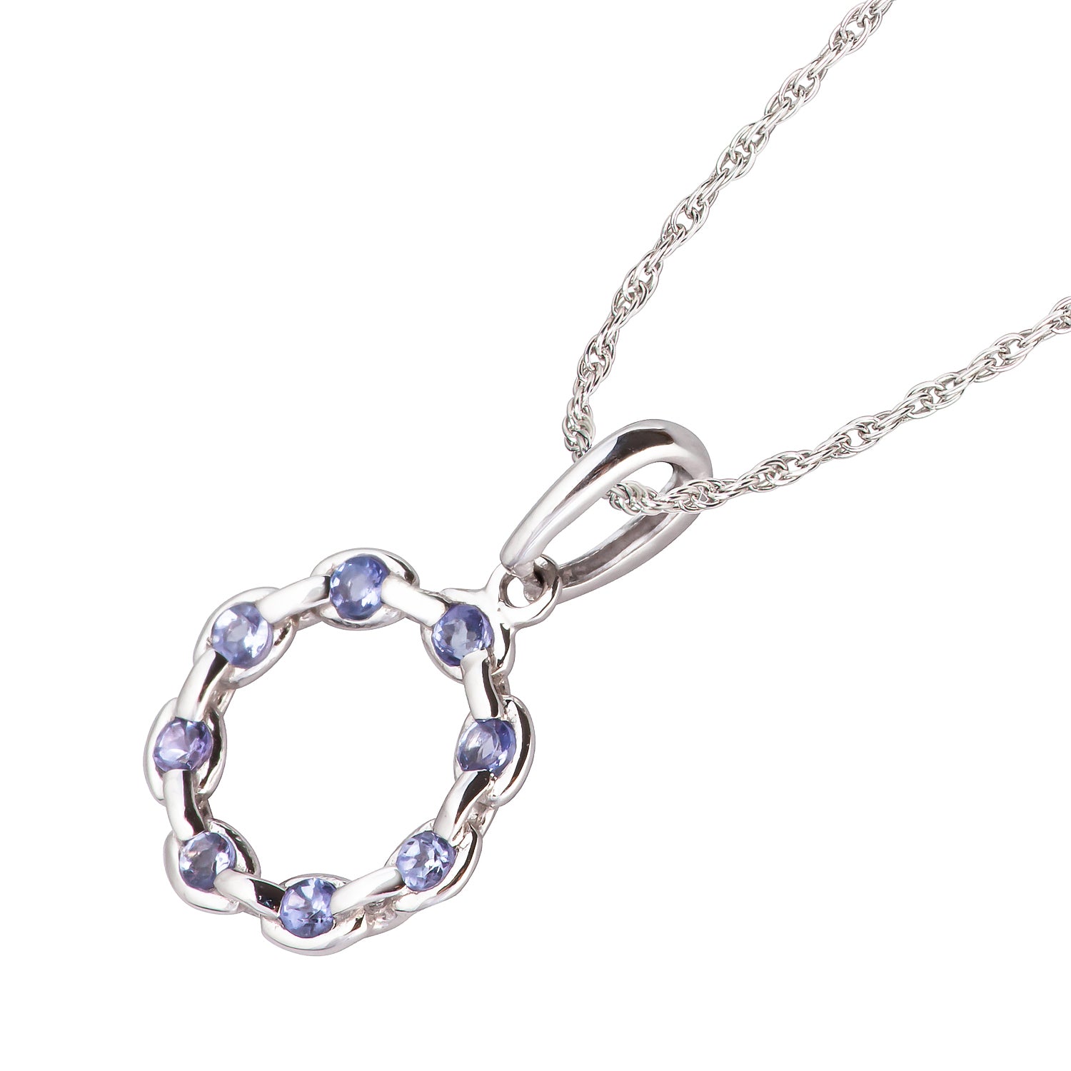 10k White Gold Genuine Round Tanzanite Circle Pendant Necklace