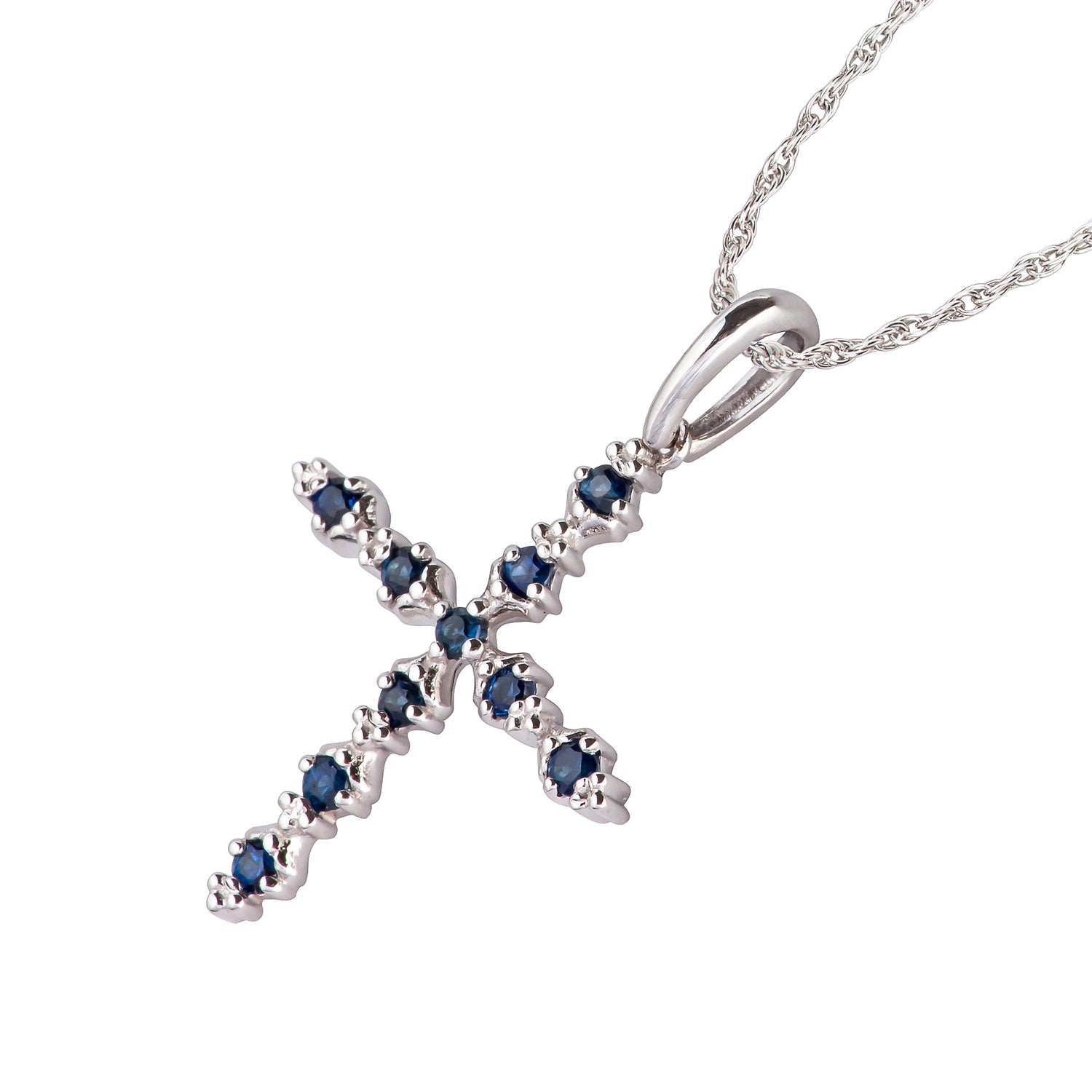 10k White Gold Genuine Sapphire Cross Pendant Necklace