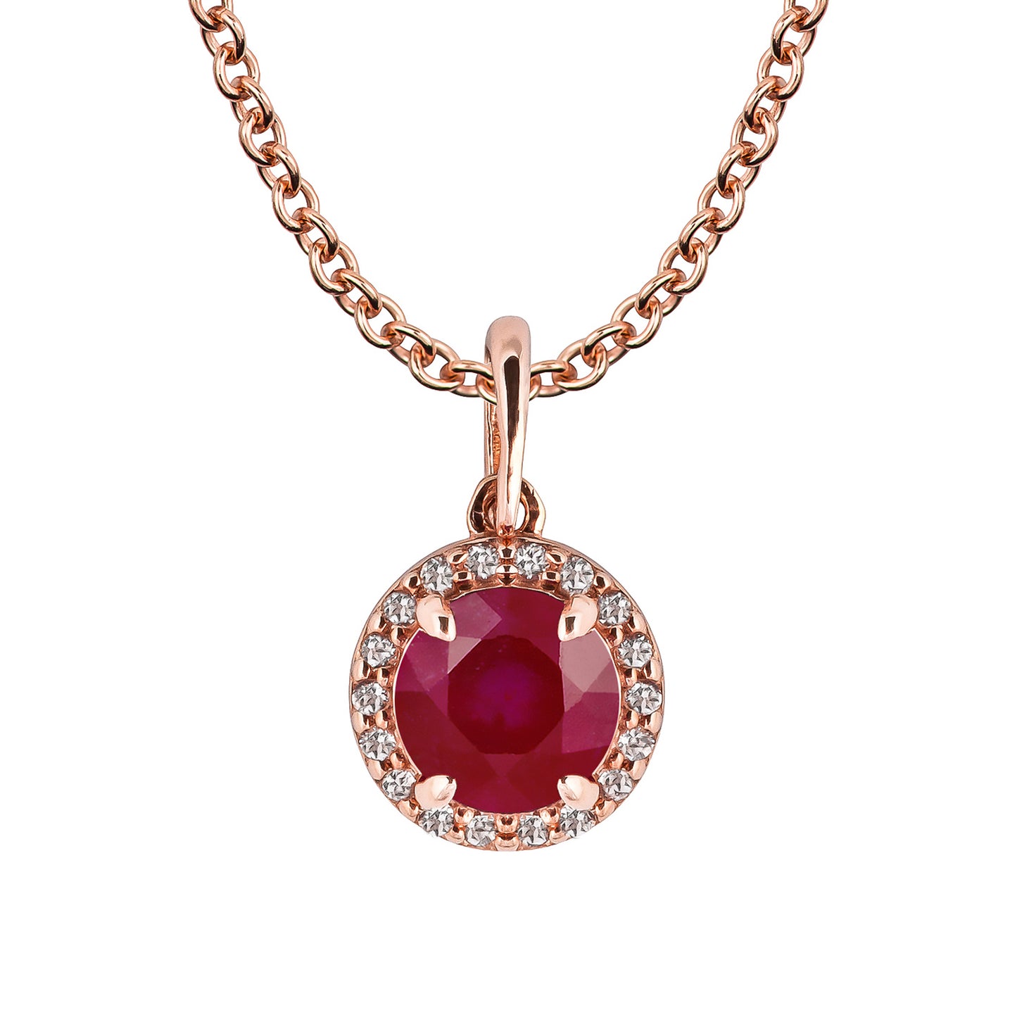 10k Rose Gold Genuine Round Ruby and White Topaz Halo Pendant Necklace