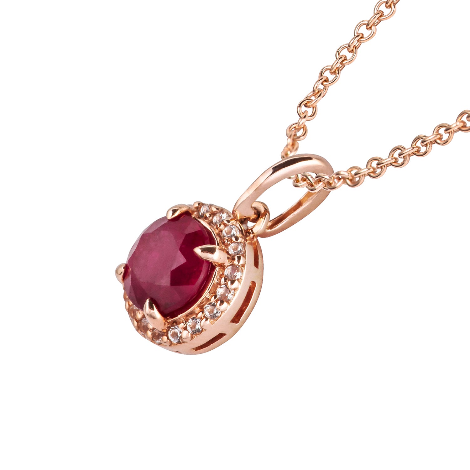 10k Rose Gold Genuine Round Ruby and White Topaz Halo Pendant