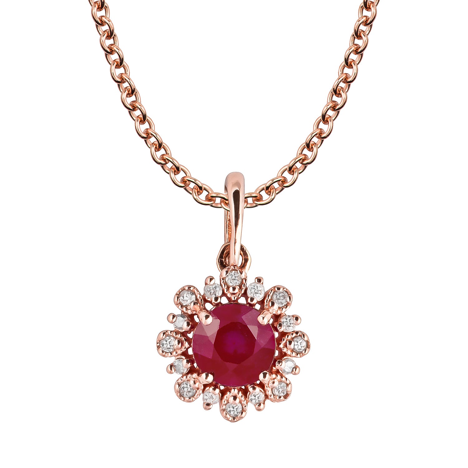 10k Rose Gold Genuine Round Ruby and Diamond Vintage Style Halo