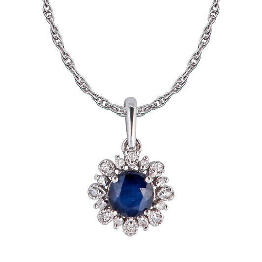 10k White Gold Genuine Round Sapphire and Diamond Vintage Style Halo Pendant Necklace