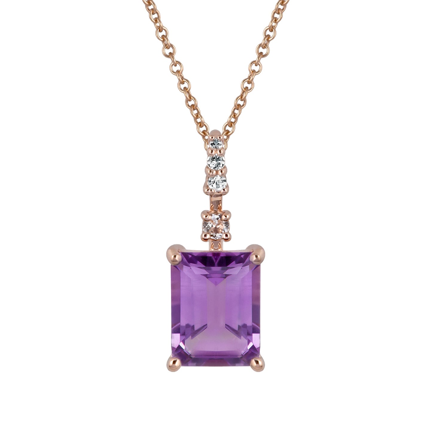 10k Rose Gold Genuine Emerald Cut Amethyst Pendant Necklace