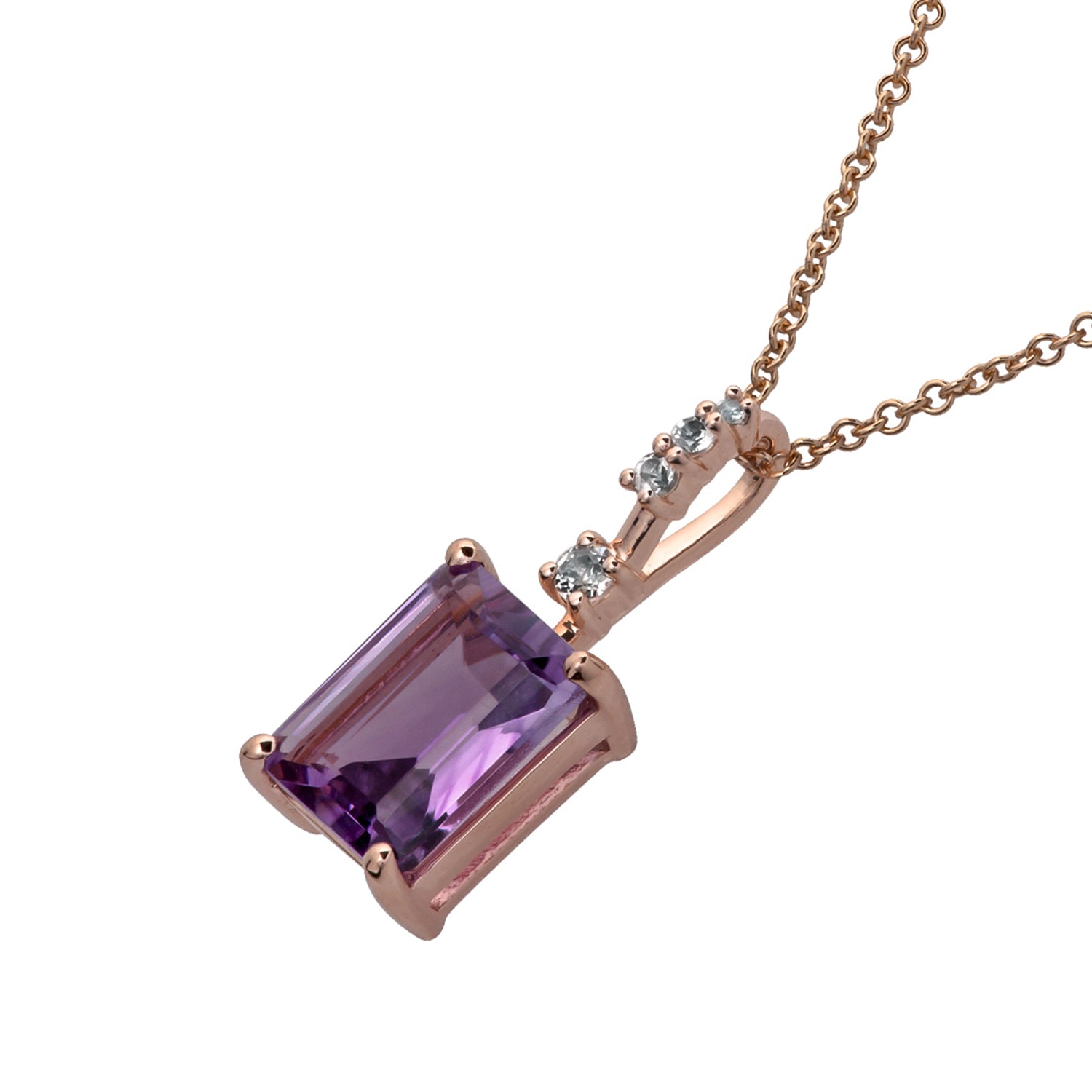 10k Rose Gold Genuine Emerald Cut Amethyst Pendant Necklace