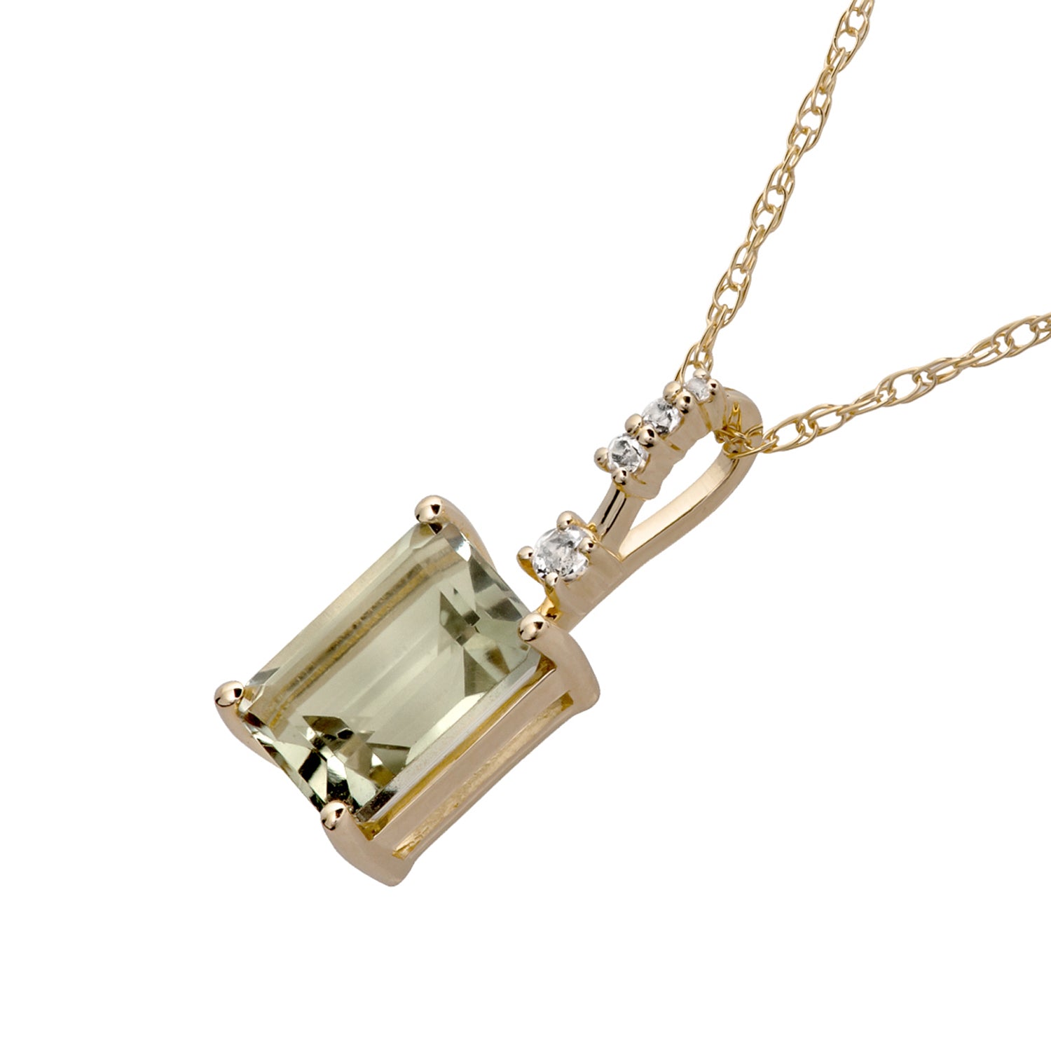 10k Yellow Gold Genuine Emerald Cut Green Amethyst Pendant Necklace