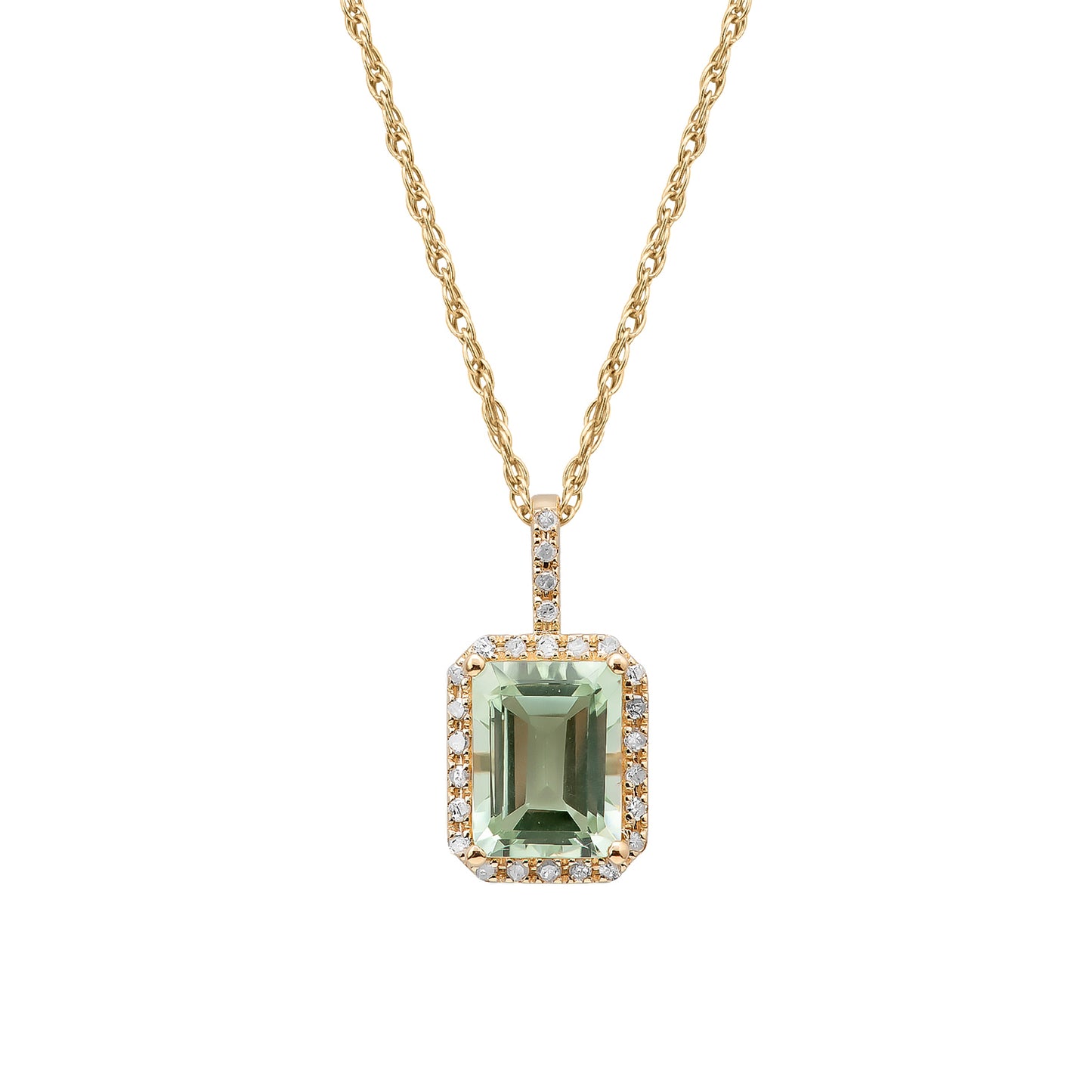 10k Yellow Gold Emerald Cut Green Amethyst and Diamond Halo Pendant Necklace