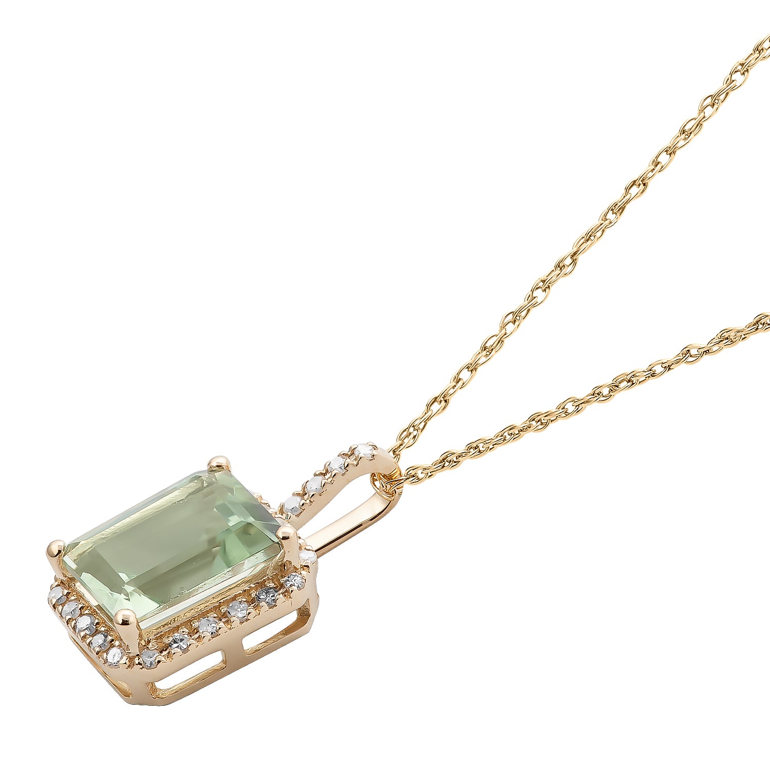 10k Yellow Gold Emerald Cut Green Amethyst and Diamond Halo Pendant Necklace