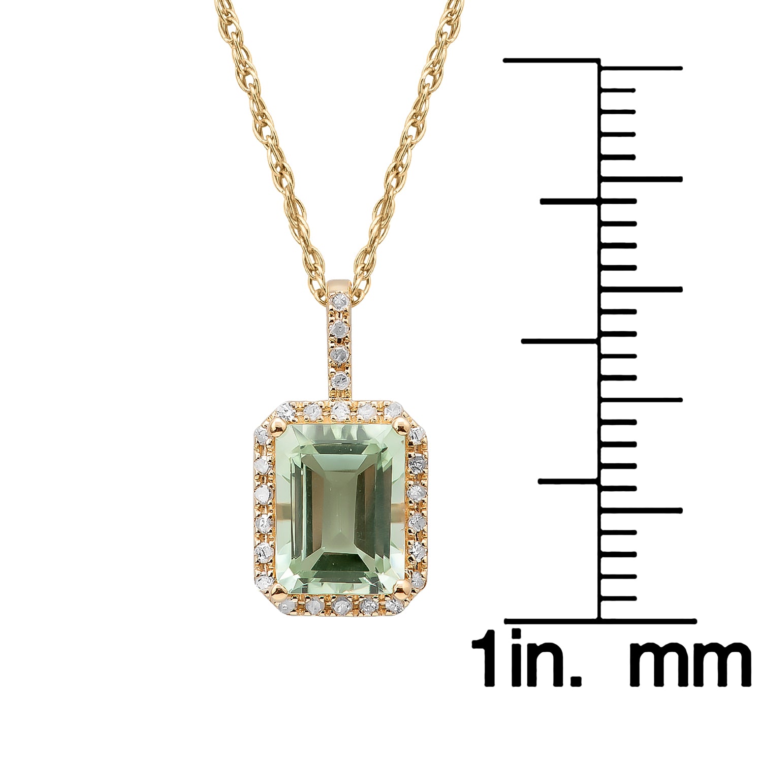 10k Yellow Gold Emerald Cut Green Amethyst and Diamond Halo Pendant Necklace