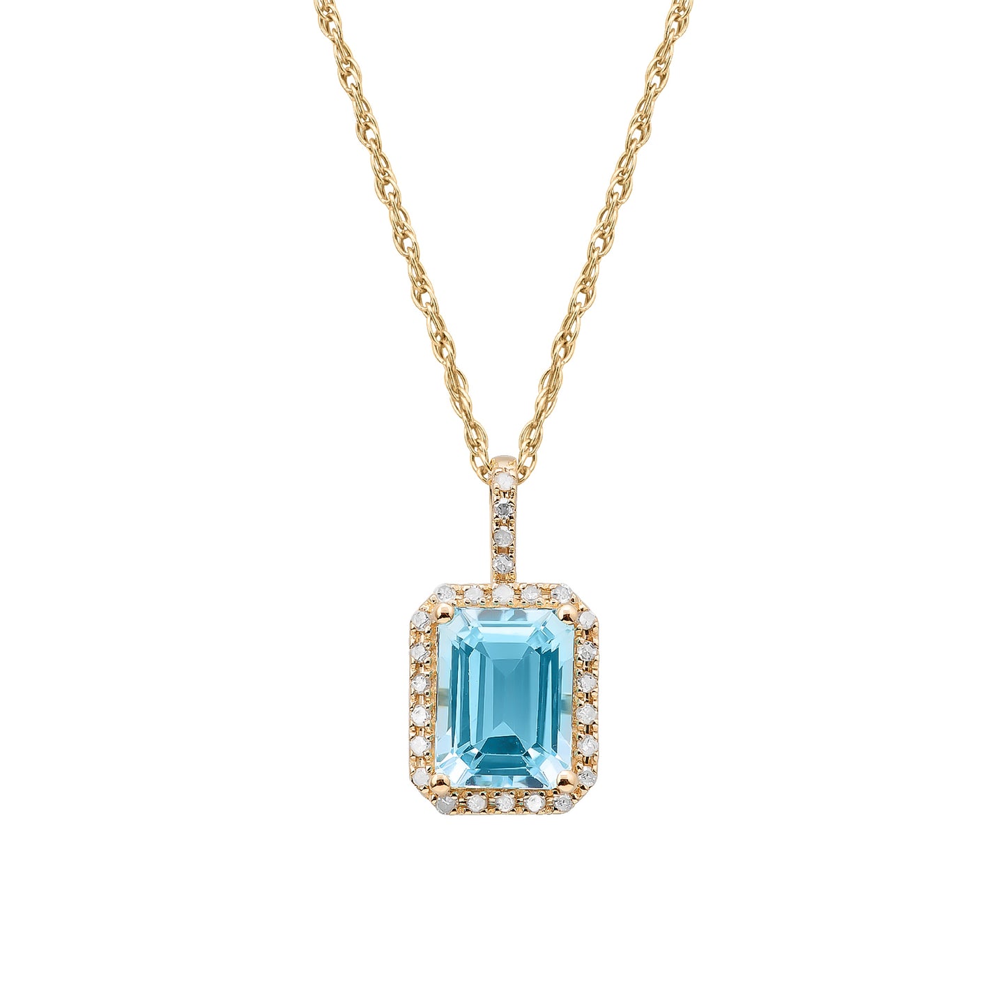 10k Yellow Gold Emerald Cut Blue Topaz and Diamond Halo Pendant Necklace