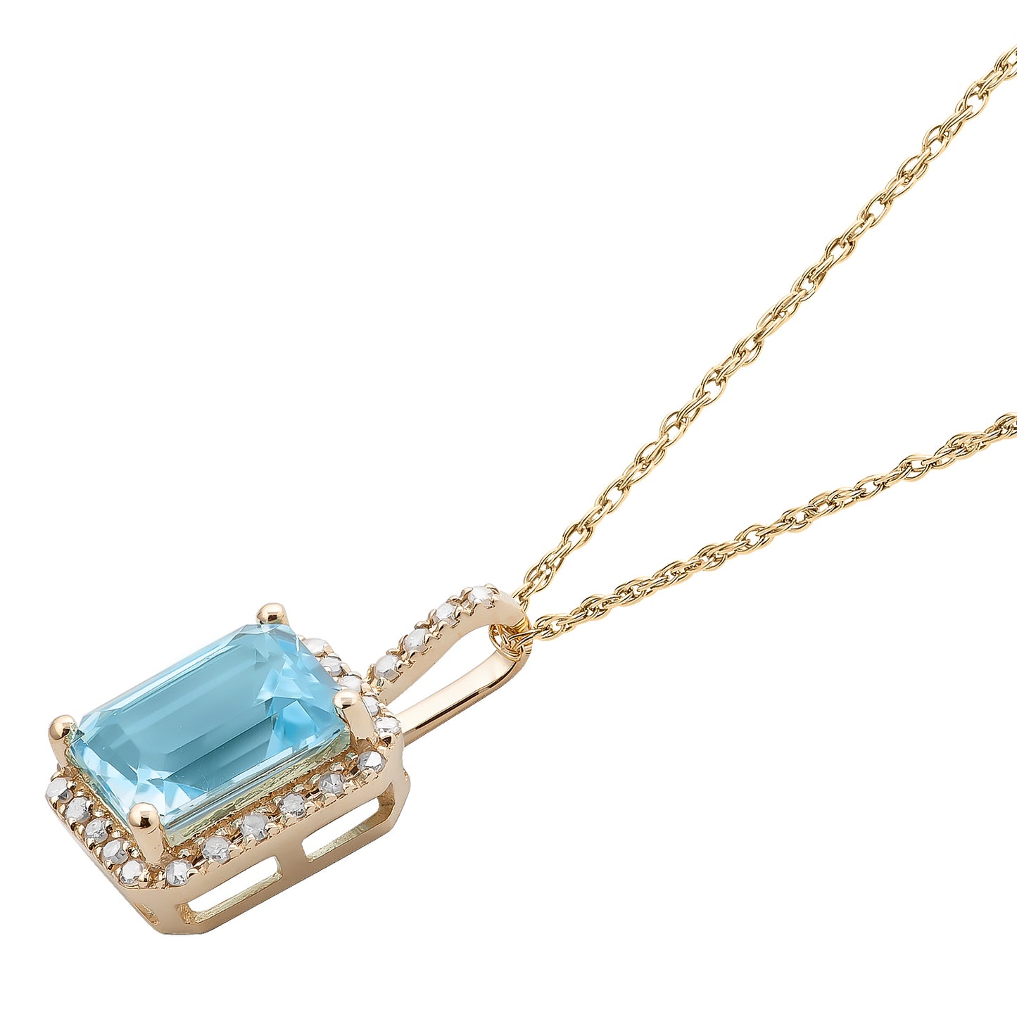 10k Yellow Gold Emerald Cut Blue Topaz and Diamond Halo Pendant Necklace