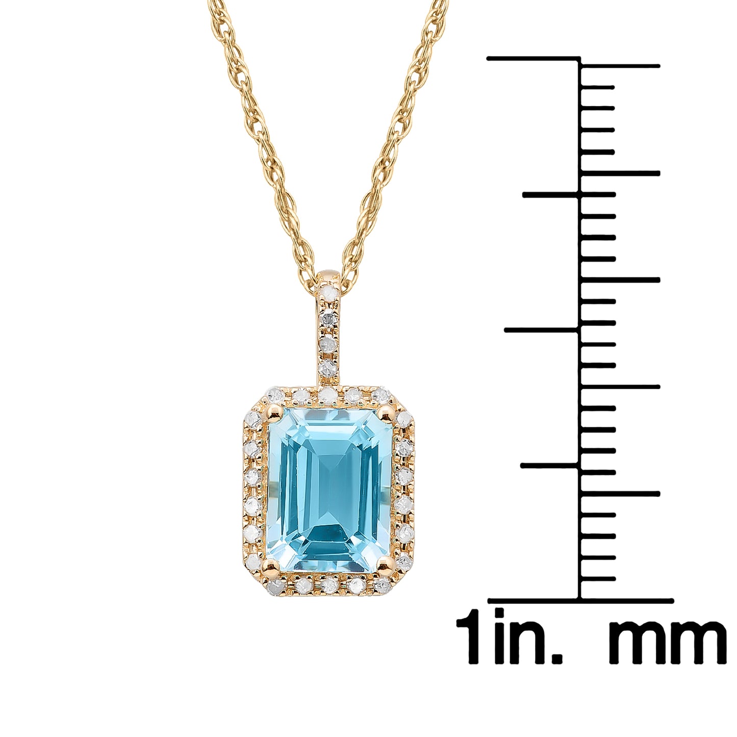 10k Yellow Gold Emerald Cut Blue Topaz and Diamond Halo Pendant Necklace