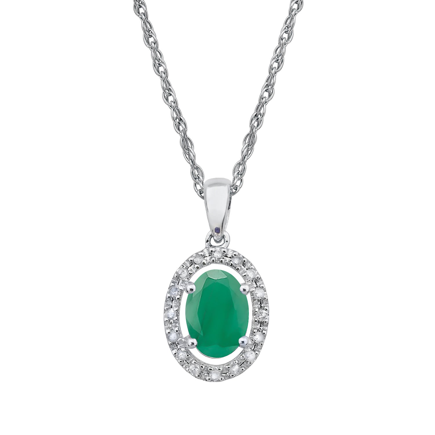 10k White Gold Oval Emerald and Diamond Halo Necklace