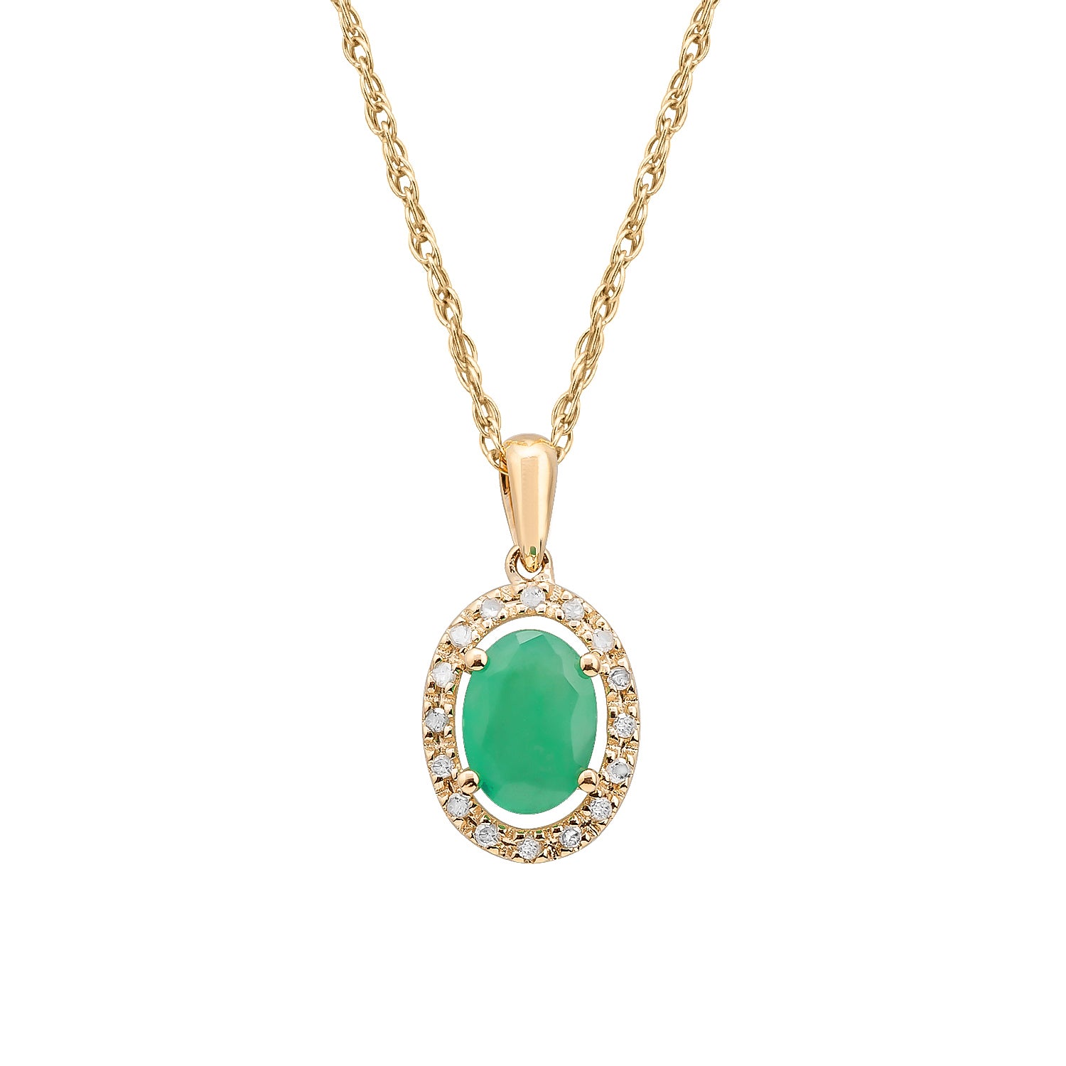 10k Yellow Gold Oval Emerald and Diamond Halo Necklace