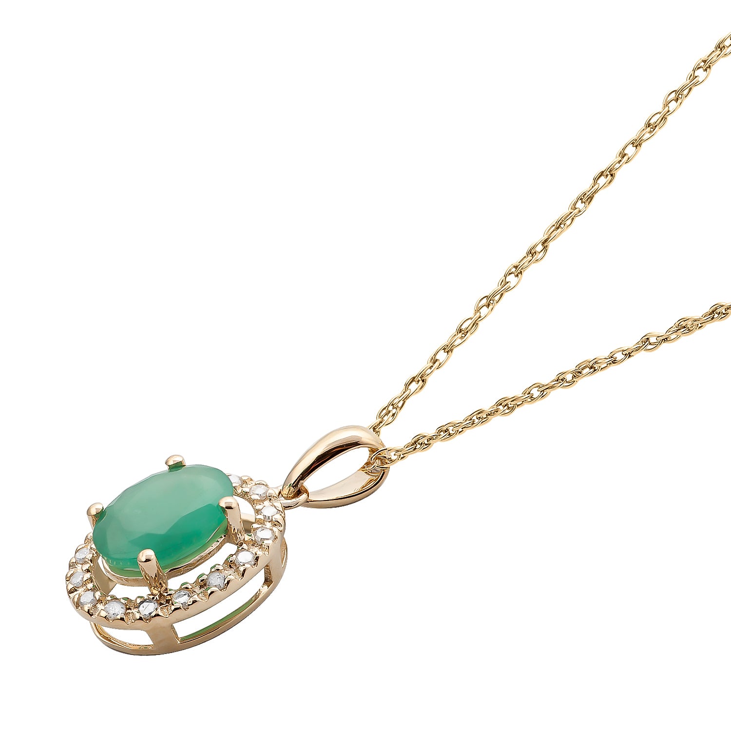 10k Yellow Gold Oval Emerald and Diamond Halo Necklace