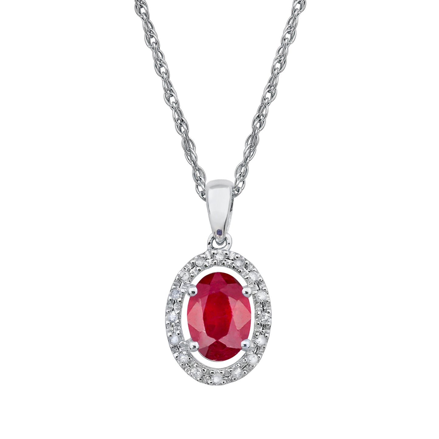 10k White Gold Oval Ruby and Diamond Halo Necklace