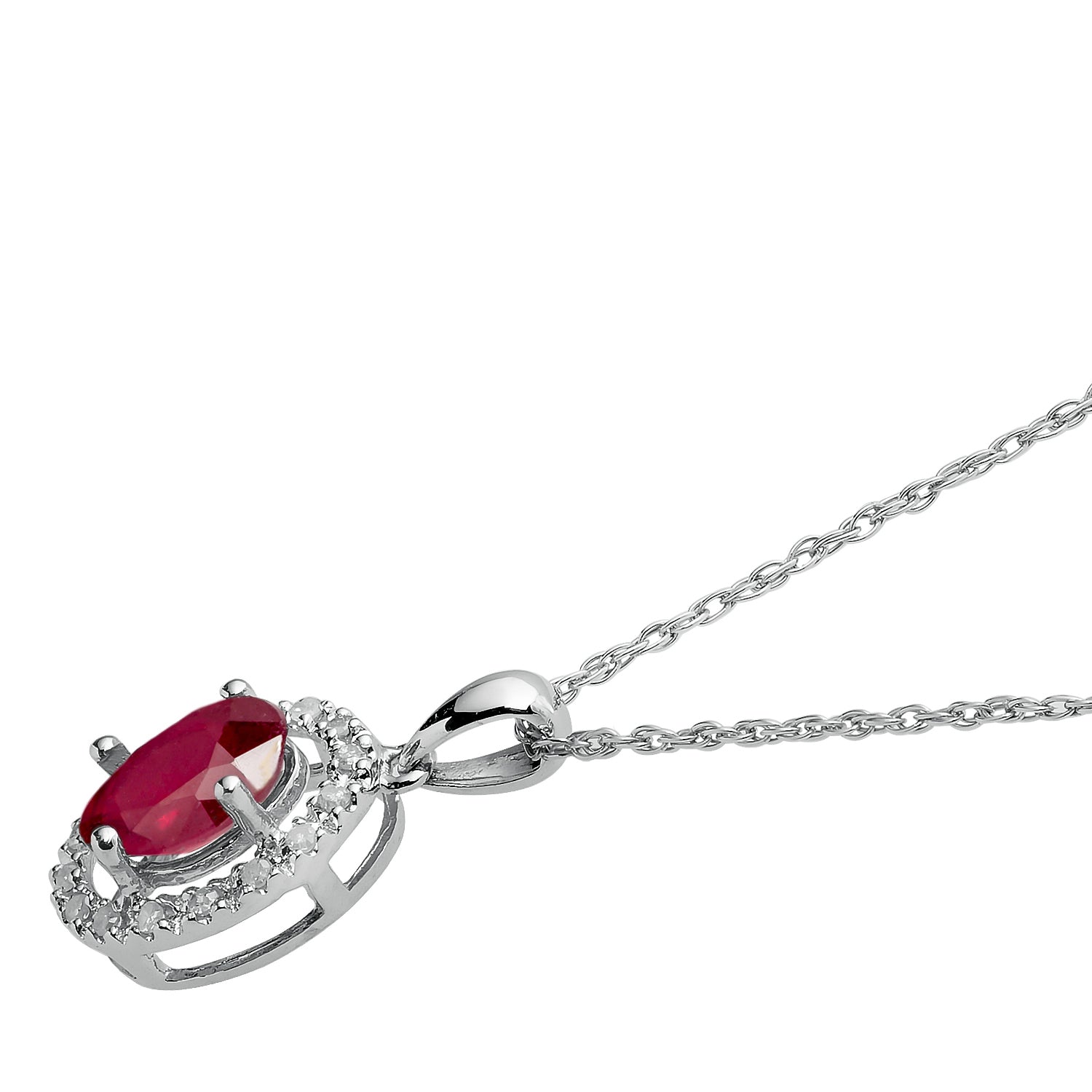 10k White Gold Oval Ruby and Diamond Halo Necklace