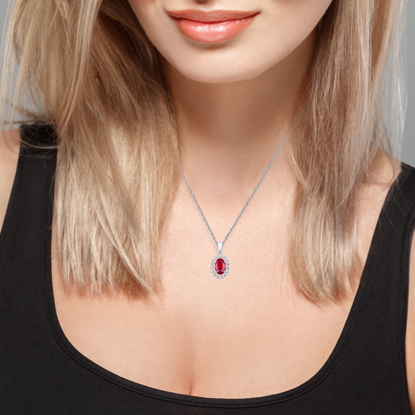 10k White Gold Oval Ruby and Diamond Halo Necklace