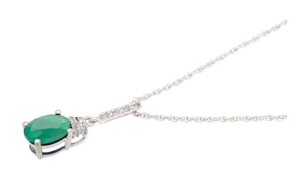 10k White Gold Oval Emerald and Diamond Necklace