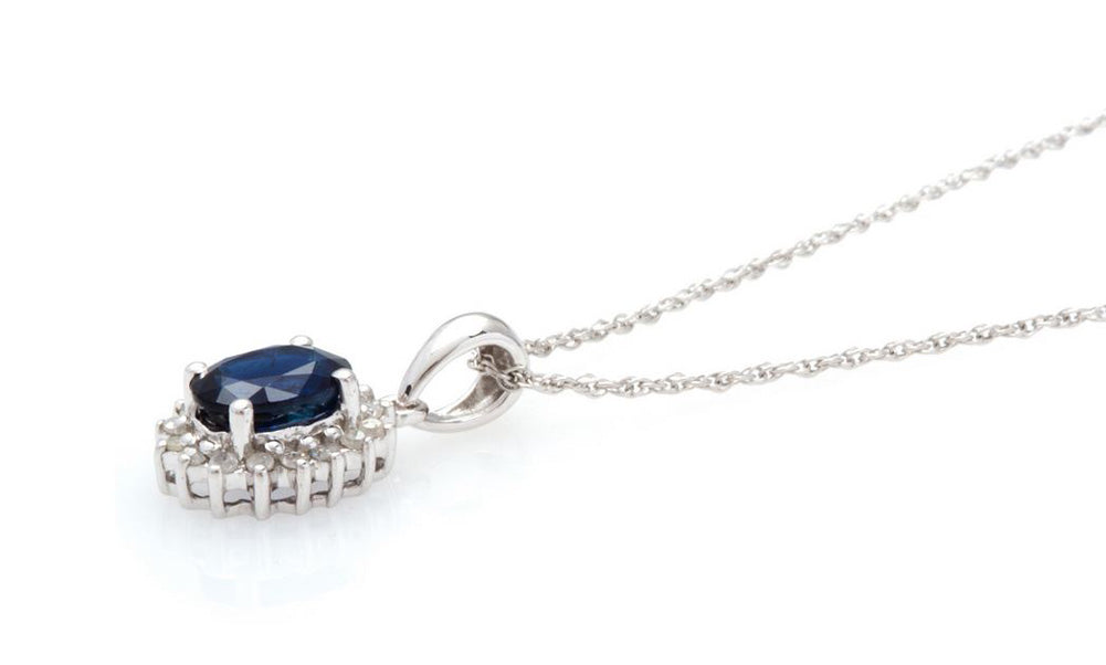 10k White Gold Oval Blue Sapphire and Diamond Halo Necklace