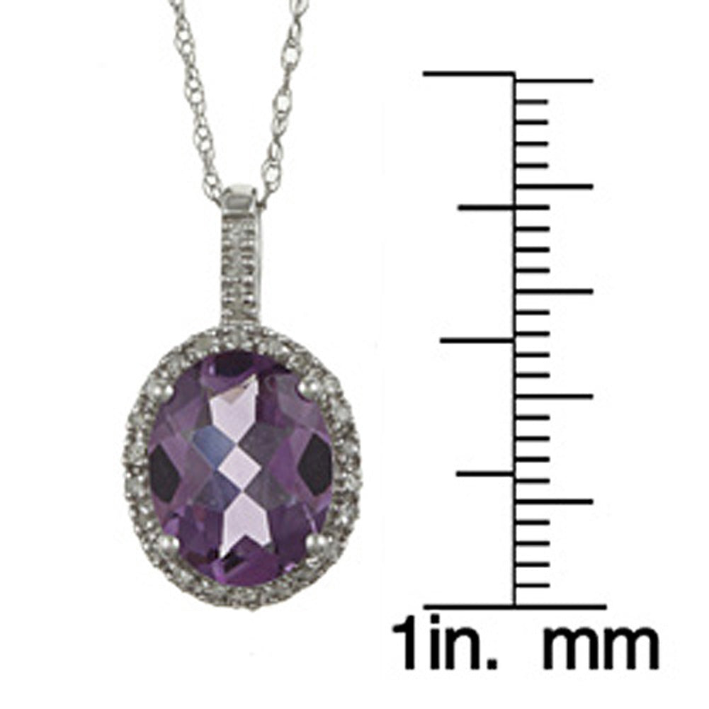 10k White Gold Oval Amethyst and Diamond Halo Pendant Necklace