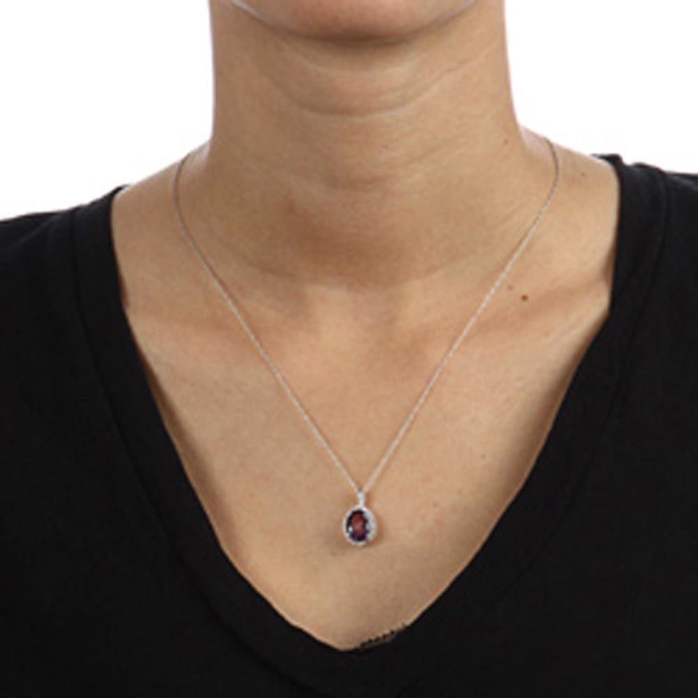 10k White Gold Oval Amethyst and Diamond Halo Pendant Necklace