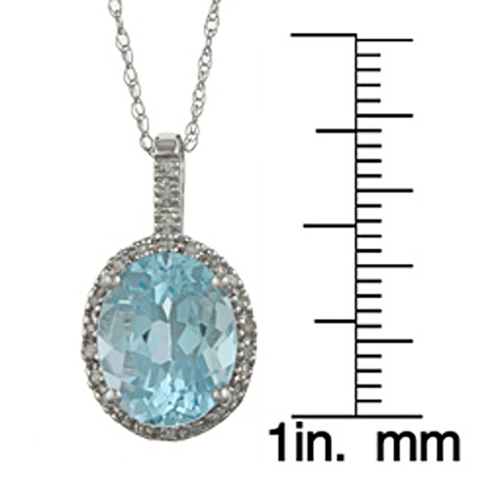 10k White Gold Oval Blue Topaz and Diamond Halo Pendant Necklace