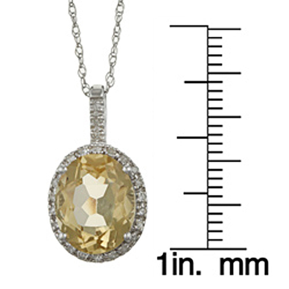 10k White Gold Oval Citrine and Diamond Halo Pendant Necklace