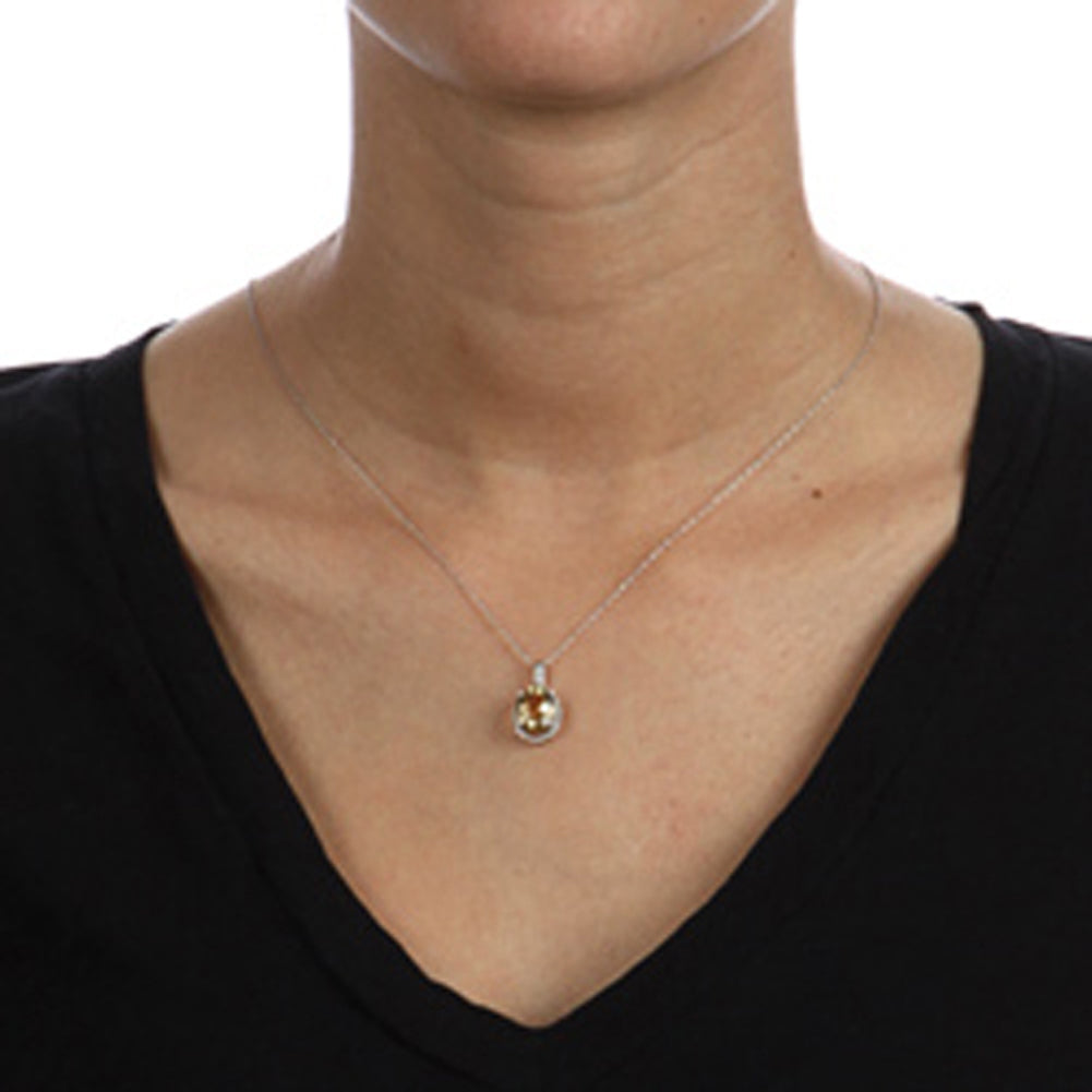 10k White Gold Oval Citrine and Diamond Halo Pendant Necklace