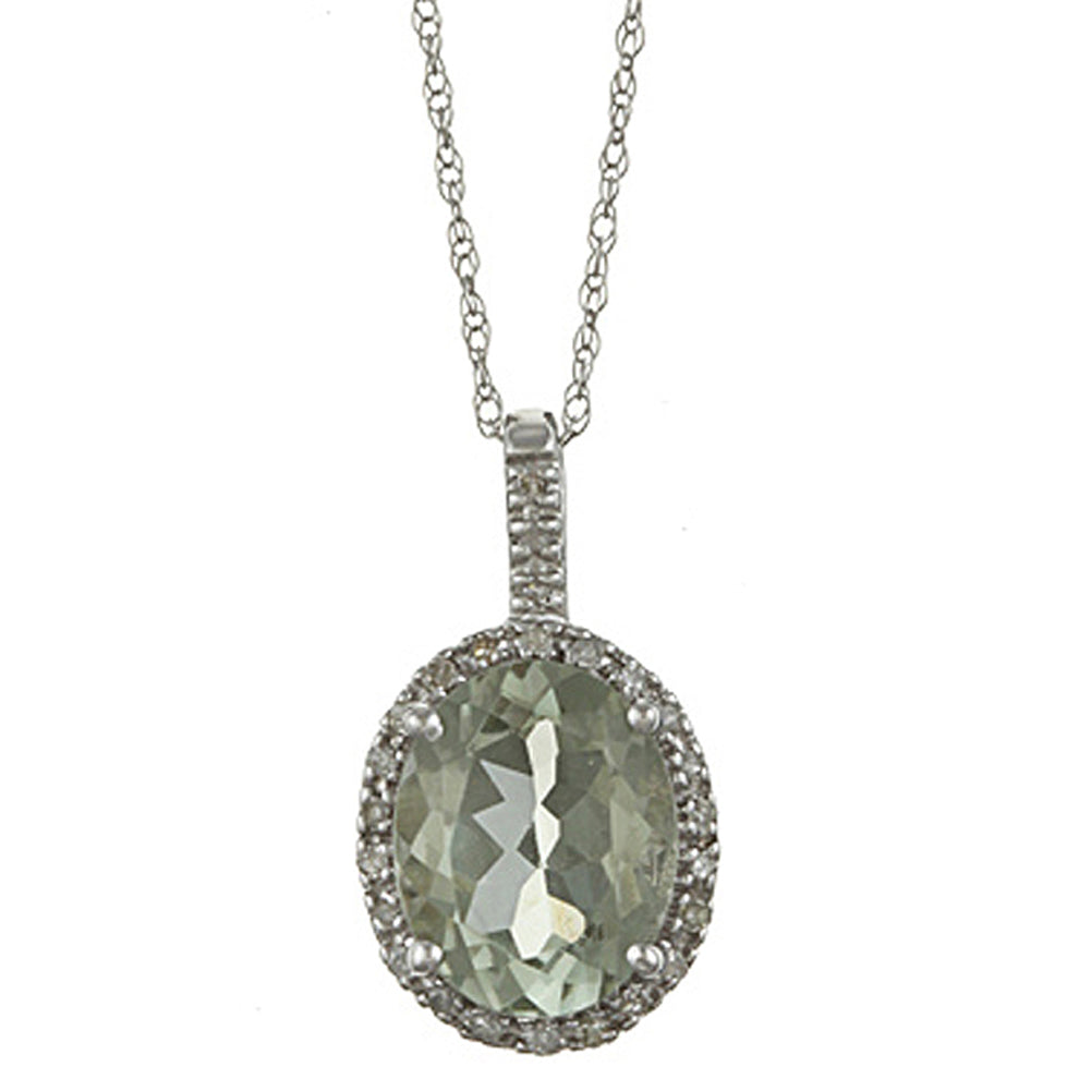 10k White Gold Oval Green Amethyst and Diamond Halo Pendant Necklace