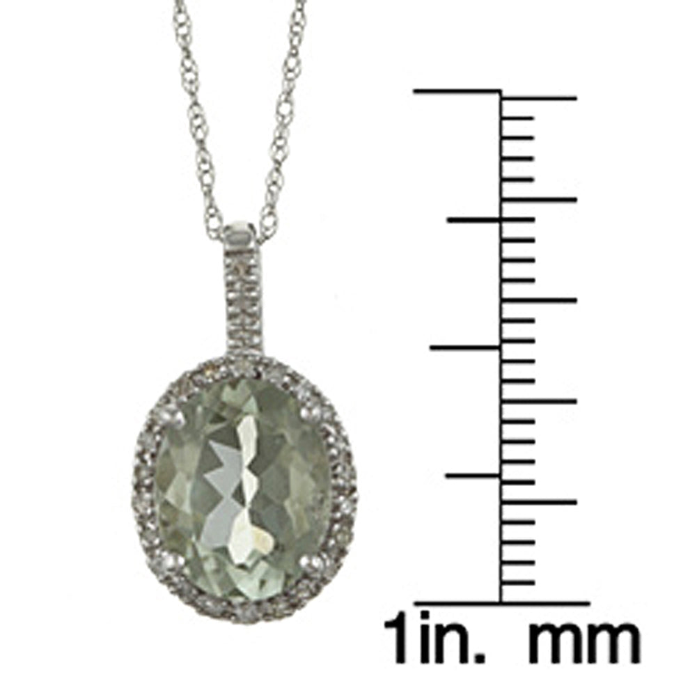 10k White Gold Oval Green Amethyst and Diamond Halo Pendant Necklace